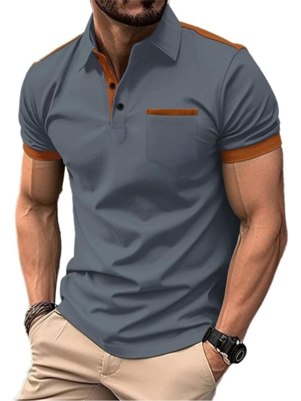 Men's Deep Grey Casual Polo Shirts Classic Short Sleeve Fashion Button Pocket